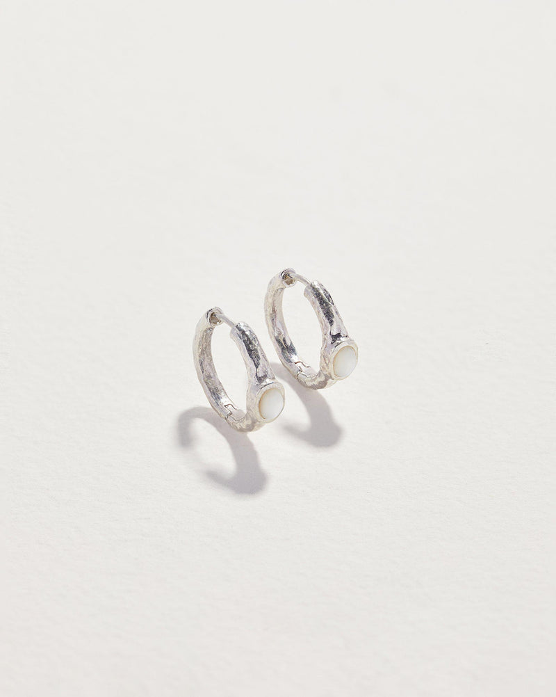 silver hoop earrings with mother of pearl cabochon