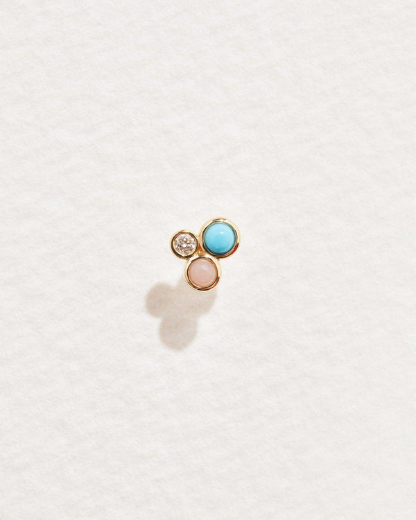 bezel set trio stud with pink opal, turquoise and white diamond
